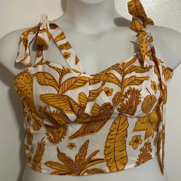 Cider boho tropical tiger gold white tie strap crop tank top 1XL smocked back - Picture 3 of 9